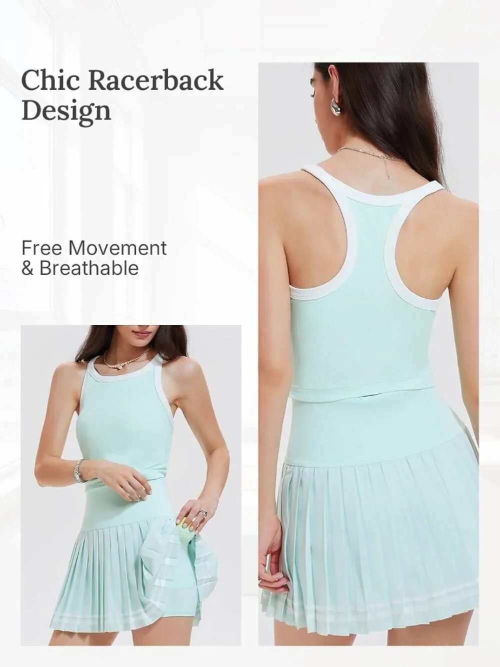 Women's Mint Green 2 Piece Racer Back Tennis Skirt Tank Top Pull On Golf Dress